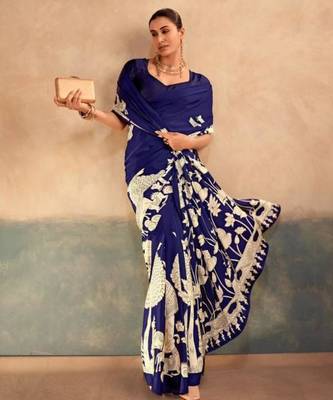 Navy blue satin printed saree 2