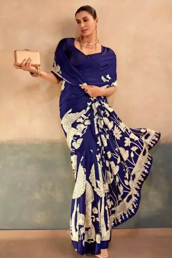 Navy blue satin printed saree