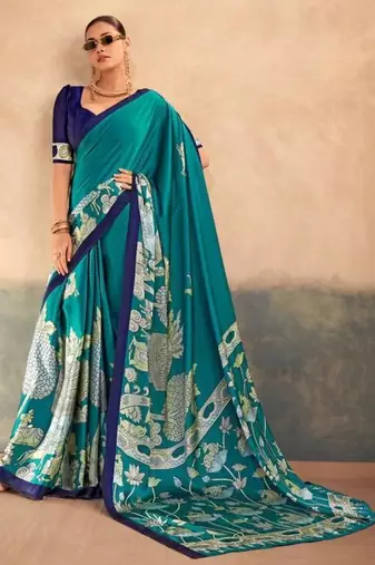 Teal satin printed saree