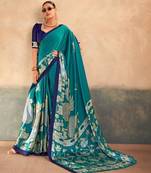 Teal satin printed saree