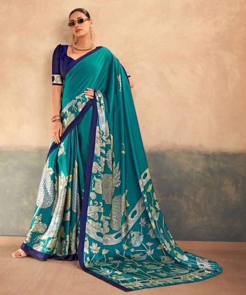 Teal satin printed saree