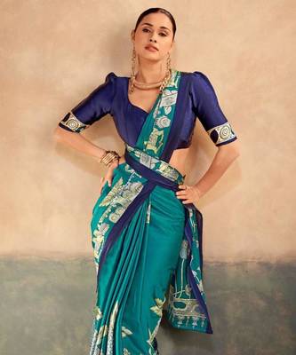 Teal satin printed saree 2