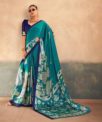 Teal satin printed saree 3