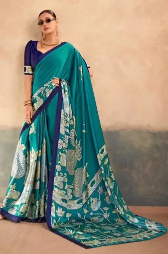 Teal satin printed saree