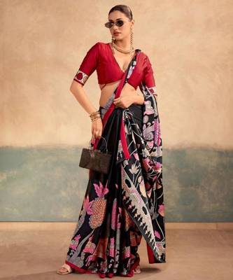Black satin printed saree 2