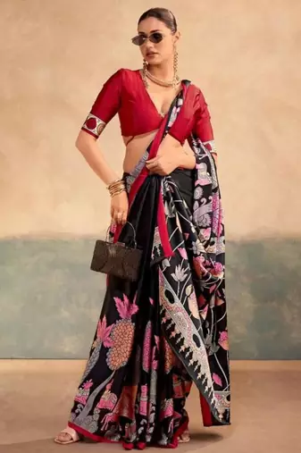 Black satin printed saree