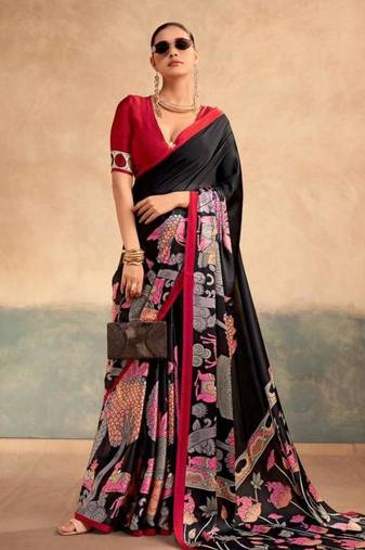 Black satin printed saree