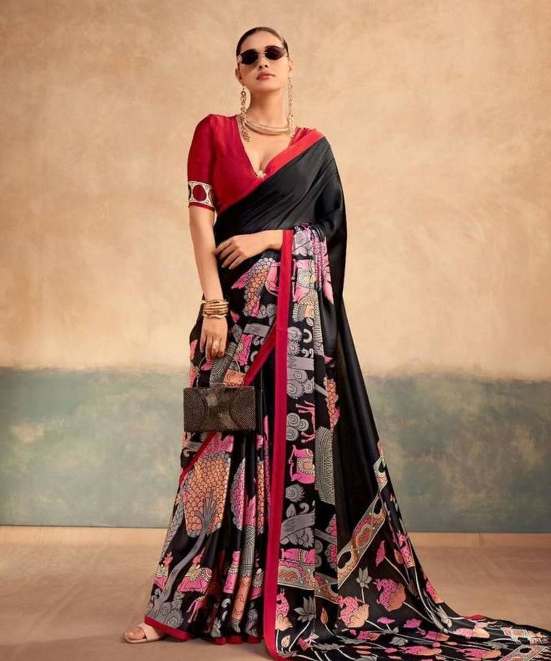 Black satin printed saree