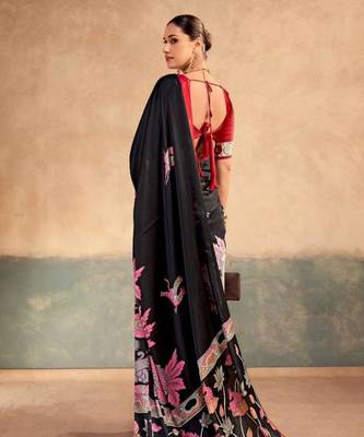 Black satin printed saree 3