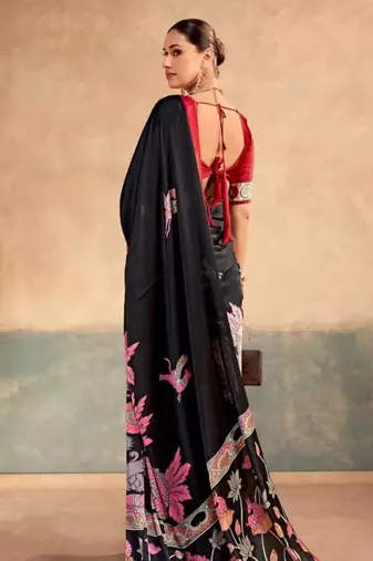 Black satin printed saree