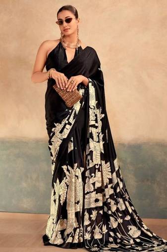 Black satin printed saree