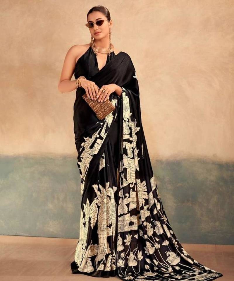 Black satin printed saree