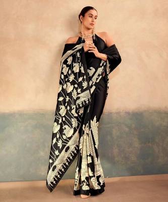 Black satin printed saree 2