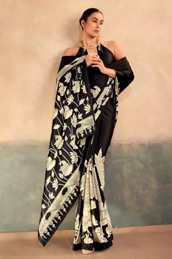 Black satin printed saree