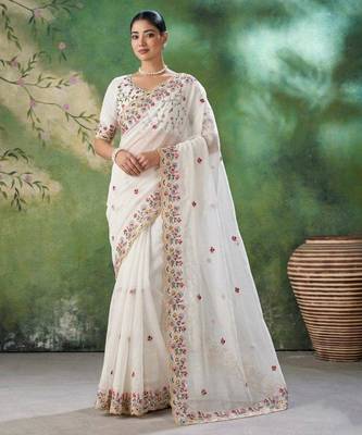 Cream silk blend embroidered saree 1