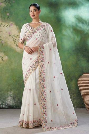 Cream silk blend embroidered saree