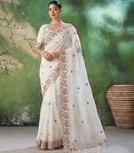 Cream silk blend embroidered saree