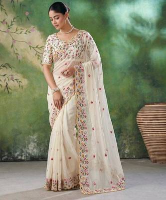 Cream silk blend embroidered saree 2