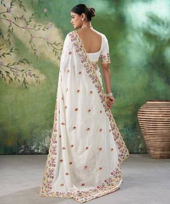 Cream silk blend embroidered saree 3