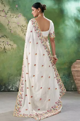 Cream silk blend embroidered saree