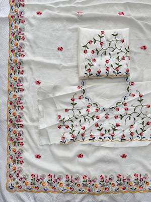 Cream silk blend embroidered saree 4