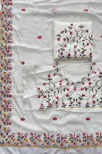 Cream silk blend embroidered saree