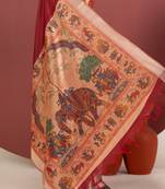 Maroon color kalamkari elephant print with zari weaving khadi raw silk saree