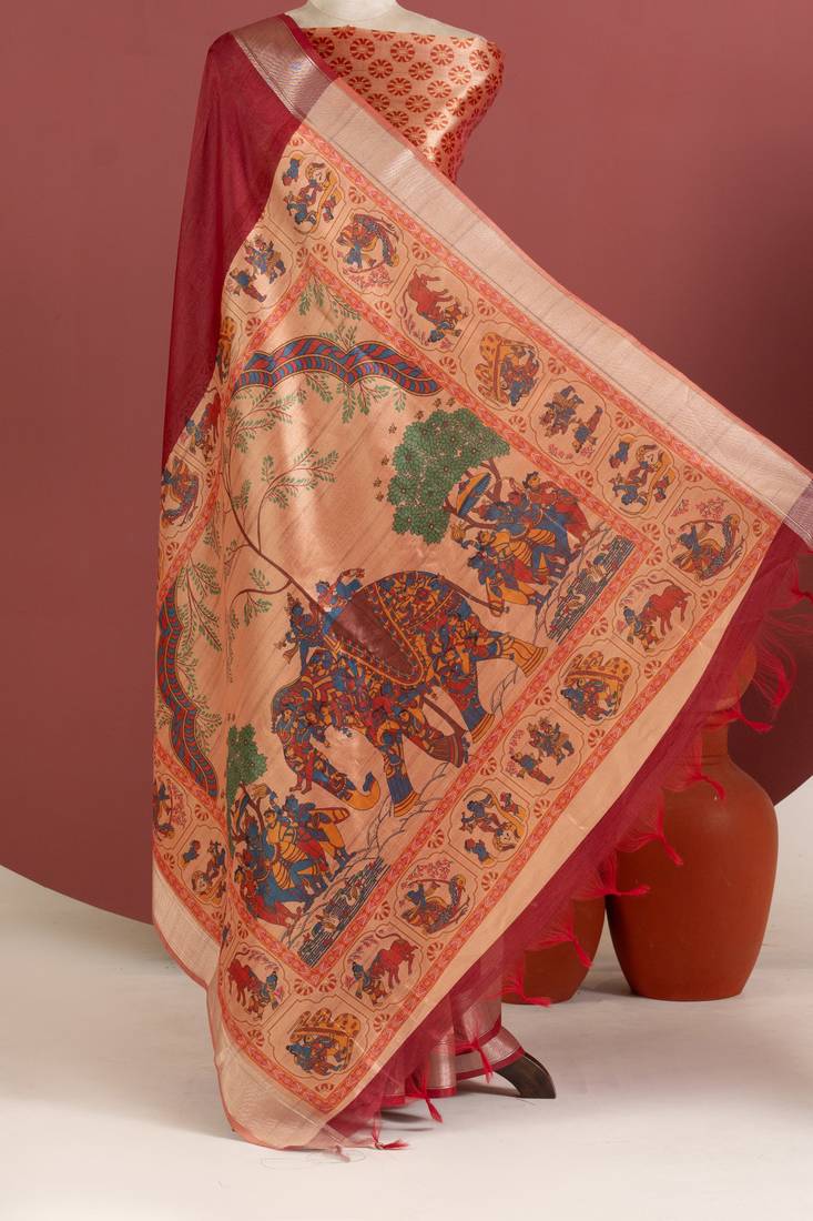 Maroon color kalamkari elephant print with zari weaving khadi raw silk saree