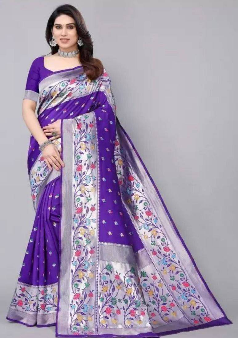Blue silk blend zari woven saree