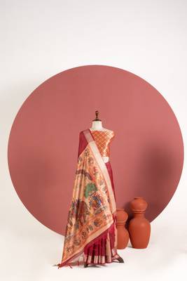 maroon kalamkari elephant print khadi raw silk saree 2