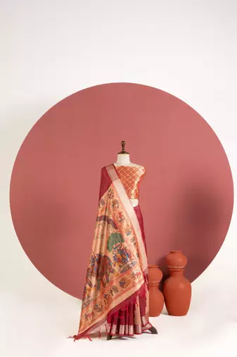 maroon kalamkari elephant print khadi raw silk saree