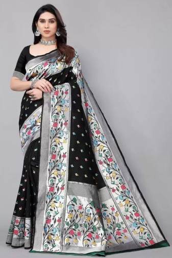 Black silk blend zari woven saree