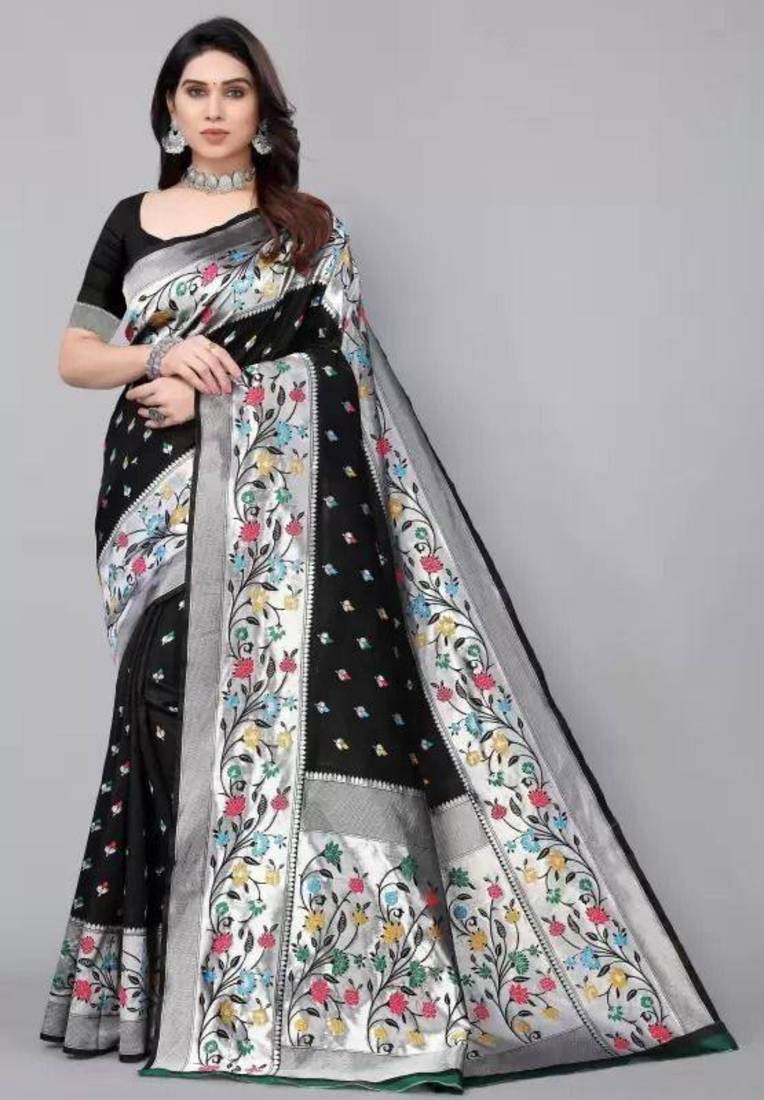 Black silk blend zari woven saree