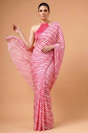 Pink satin printed saree