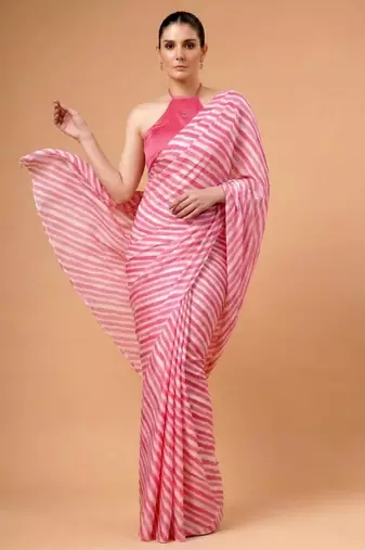 Pink satin printed saree