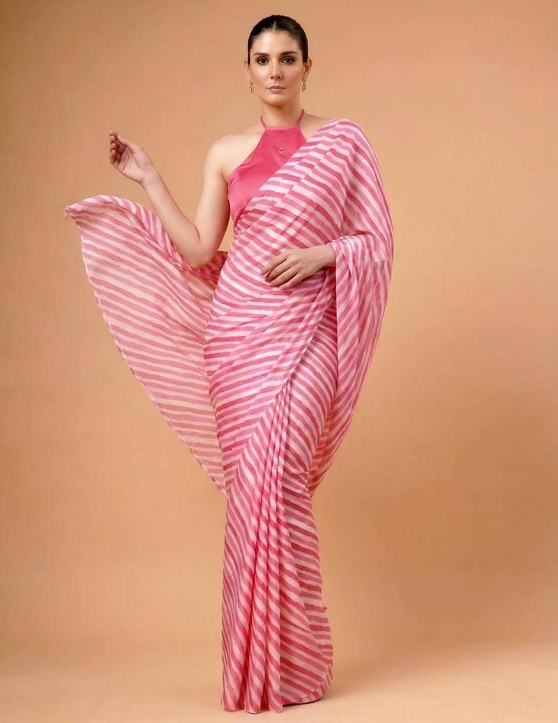 Pink satin printed saree