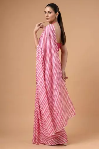 Pink satin printed saree