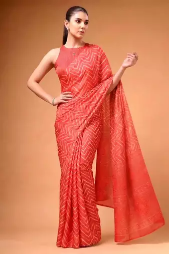 Red satin printed saree