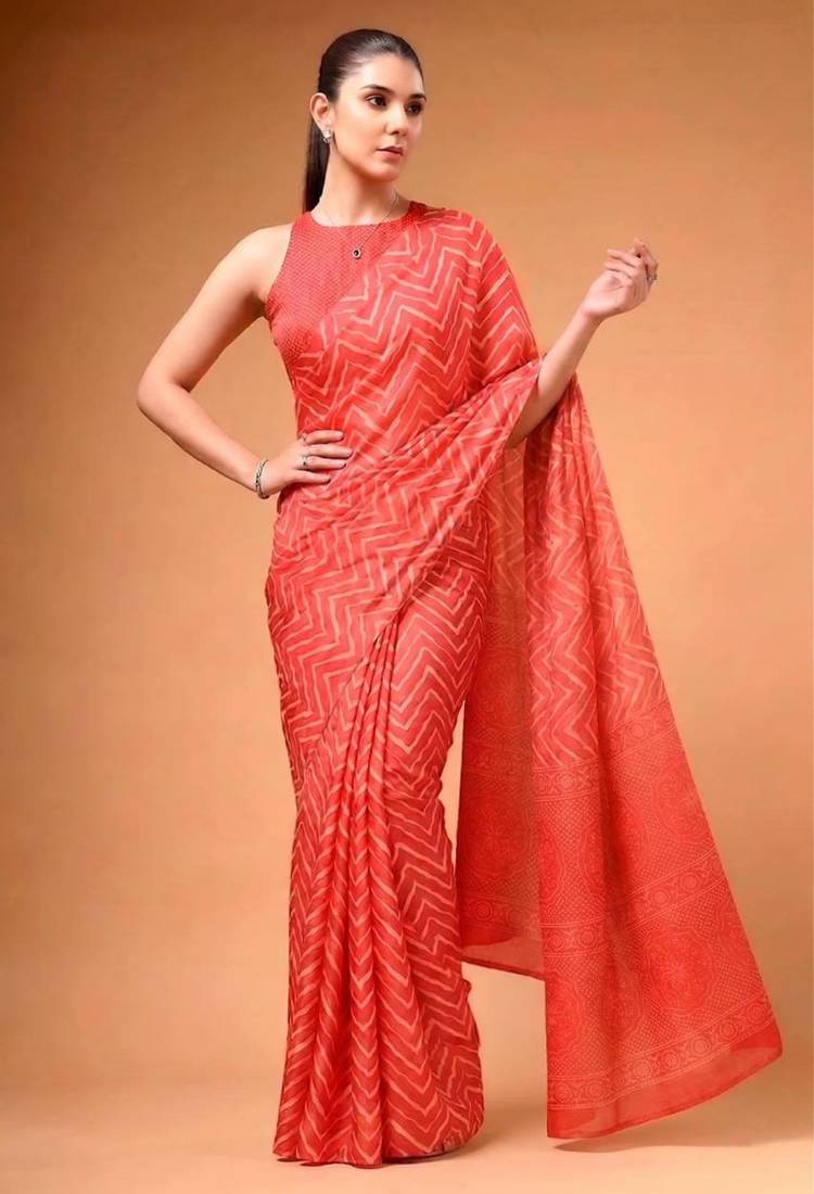 Red satin printed saree