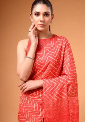 Red satin printed saree 2
