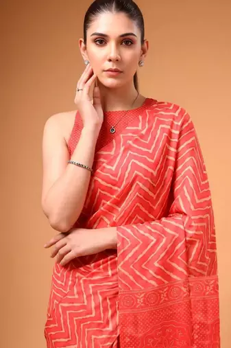 Red satin printed saree