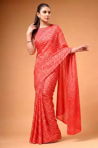Red satin printed saree
