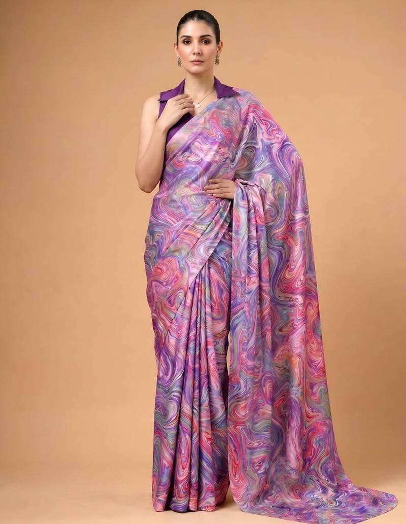 Multicolor satin printed saree