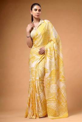 Yellow satin printed saree 1