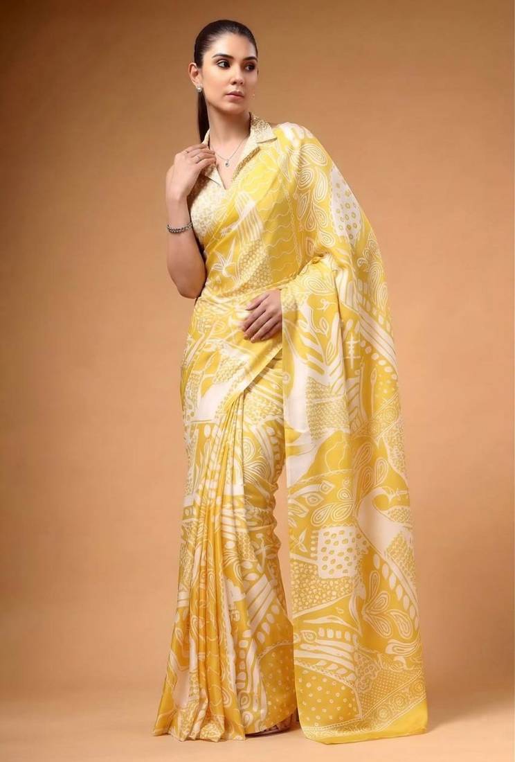 Yellow satin printed saree