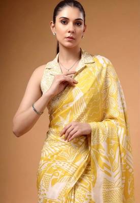 Yellow satin printed saree 2