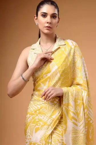 Yellow satin printed saree