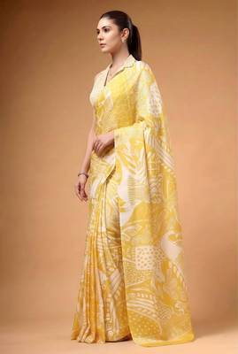 Yellow satin printed saree 3