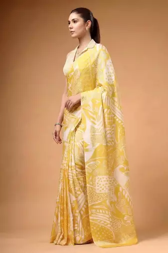 Yellow satin printed saree