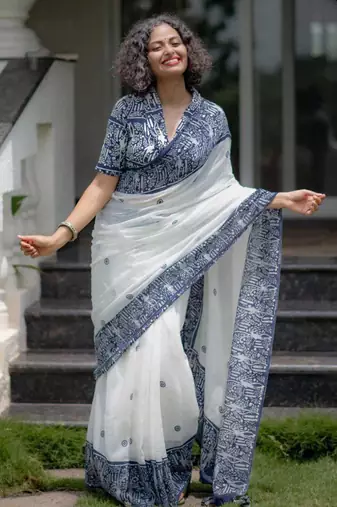 White cotton poly printed saree
